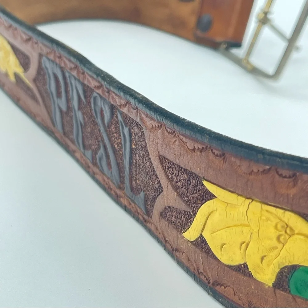 Vintage 70s Western Leather Tooled Belt | Embossed Name | Retro Rockabilly Hip